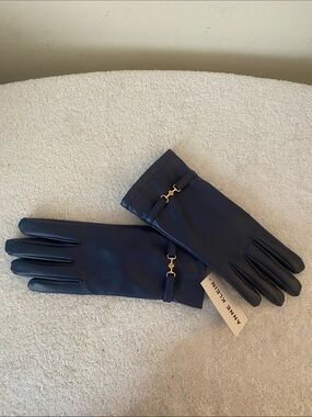Anne Klein Navy Faux Leather Gloves with Gold Hardware